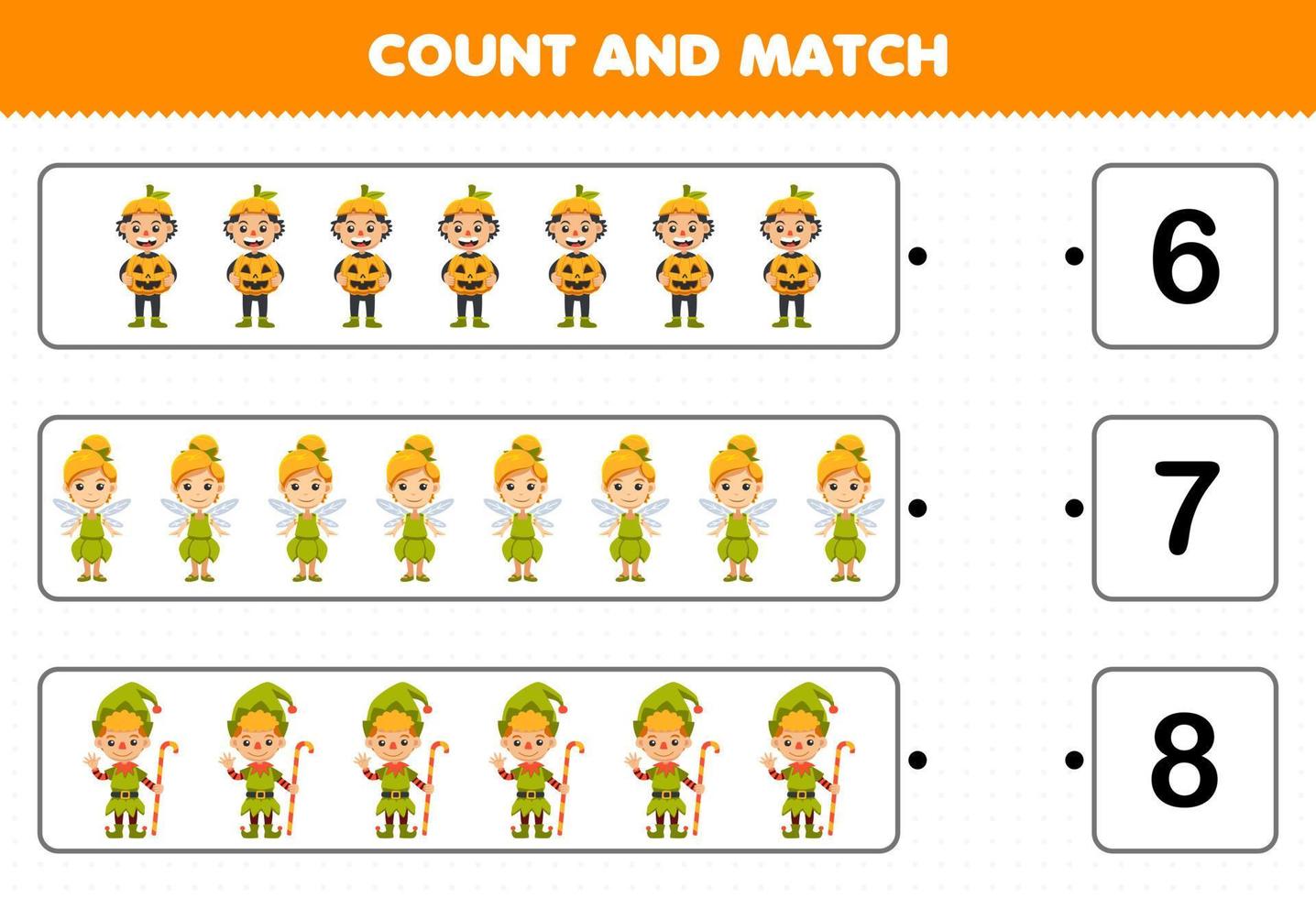 gioco educativo per bambini conta il numero di simpatici cartoni animati zucca fata nani costume e abbina con i numeri giusti foglio di lavoro stampabile di halloween vettore