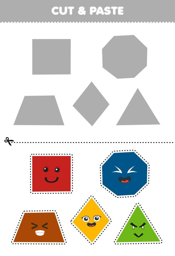 gioco educativo per bambini taglia e incolla simpatico cartone animato forme geometriche quadrato ottagono trapezio rombo triangolo nella parte corretta foglio di lavoro stampabile vettore