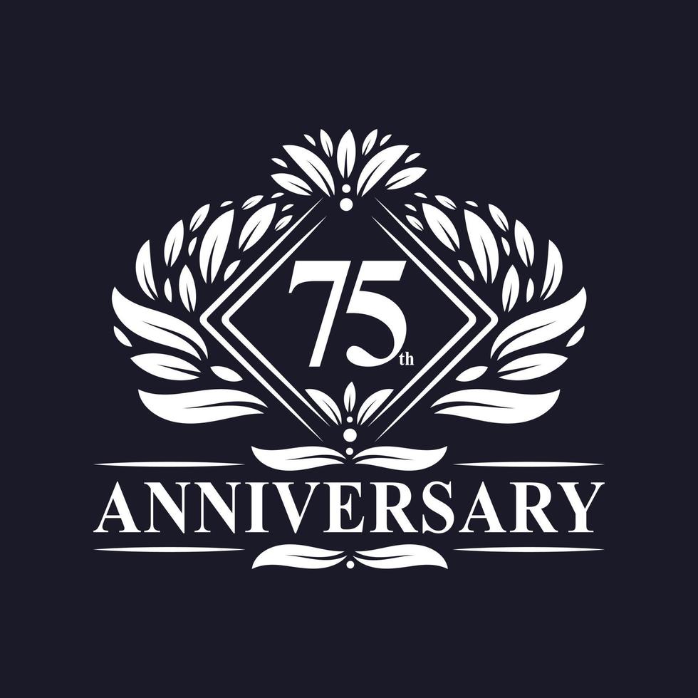 Logo dell'anniversario di 75 anni, logo floreale di lusso per il 75° anniversario. vettore