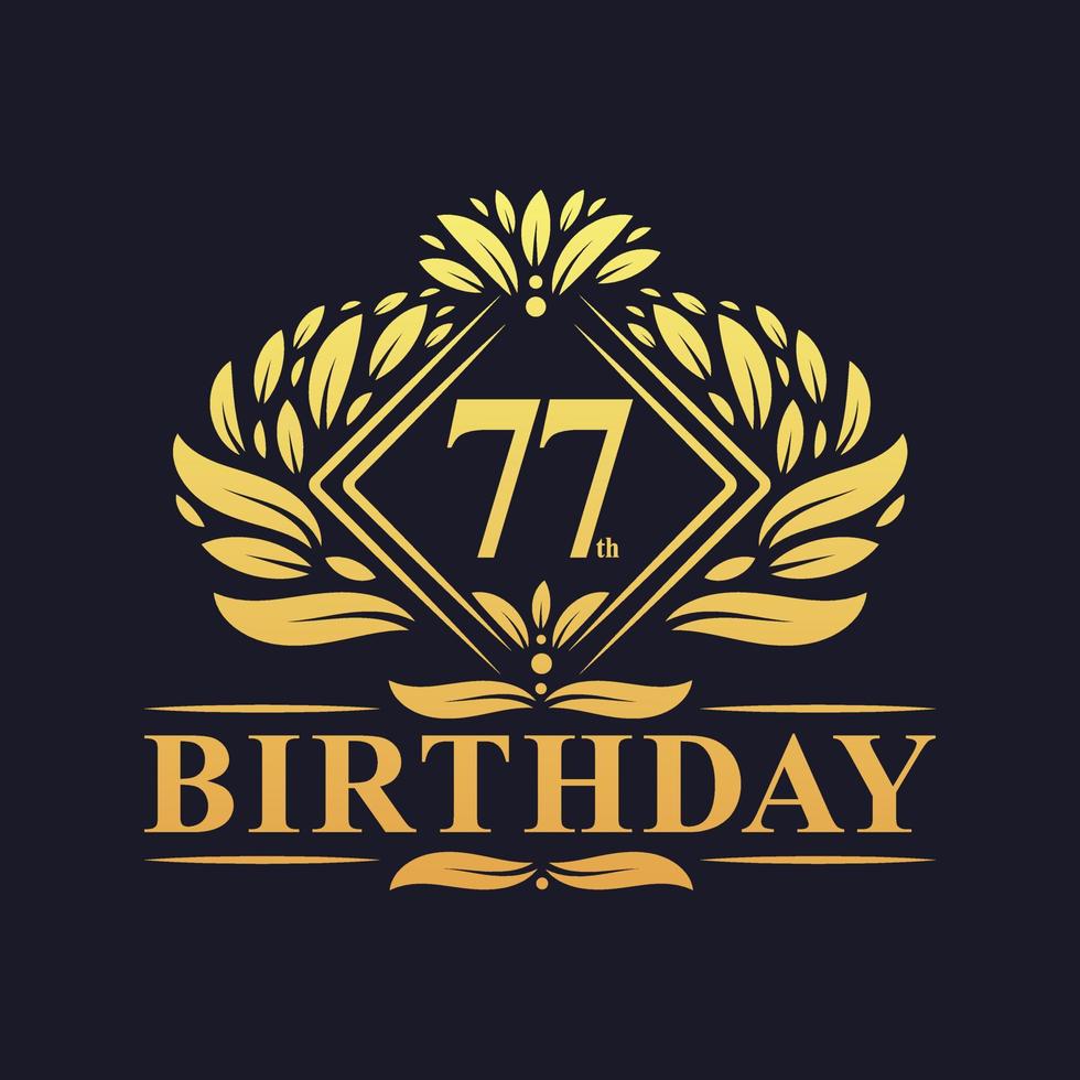 77 anni di logo di compleanno, celebrazione del 77esimo compleanno d'oro di lusso. vettore