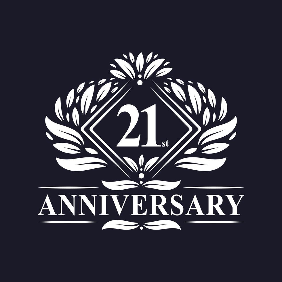 Logo dell'anniversario di 21 anni, logo floreale di lusso per il 21° anniversario. vettore