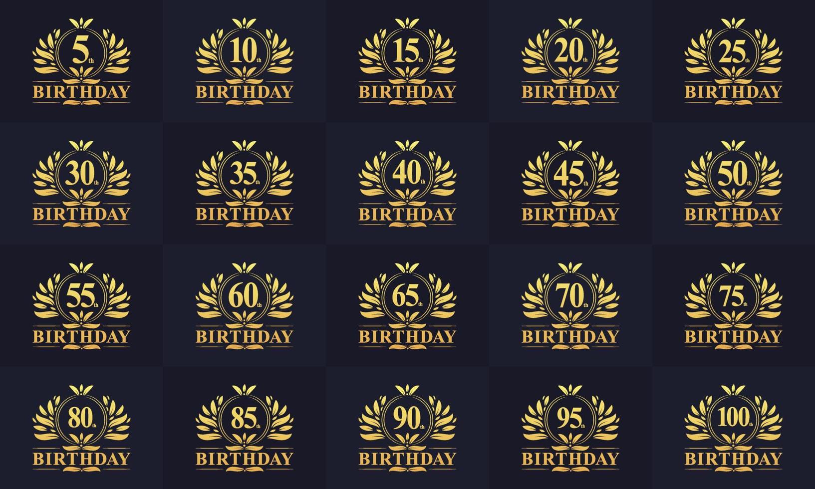 pacchetto di loghi di buon compleanno. set di logo di compleanno vintage retrò. Pacchetto logo per festeggiare il 5°, 10°, 15°, 20°, 25°, 30°, 35°, 40°, 45°, 50° compleanno. vettore
