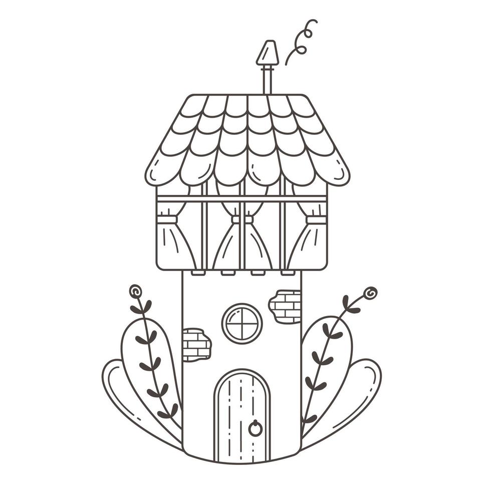 una casa alta che sembra una torre. l'illustrazione vettoriale è disegnata a mano nello stile degli scarabocchi in bianco e nero. arte lineare.