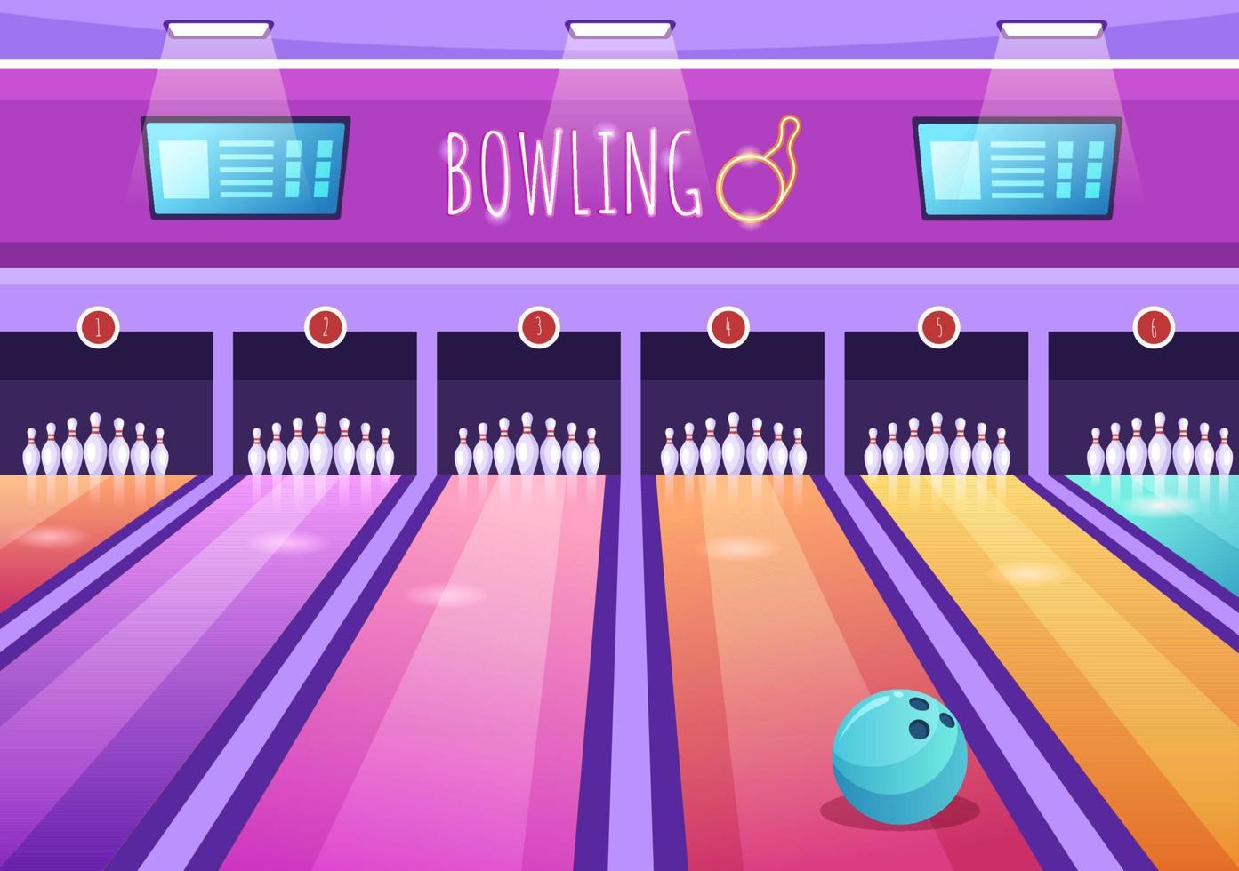 illustrazione di progettazione del fondo piatto del fumetto disegnato a mano del gioco di bowling con i perni, le palle e i tabelloni segnapunti in un club sportivo o in una competizione di attività vettore