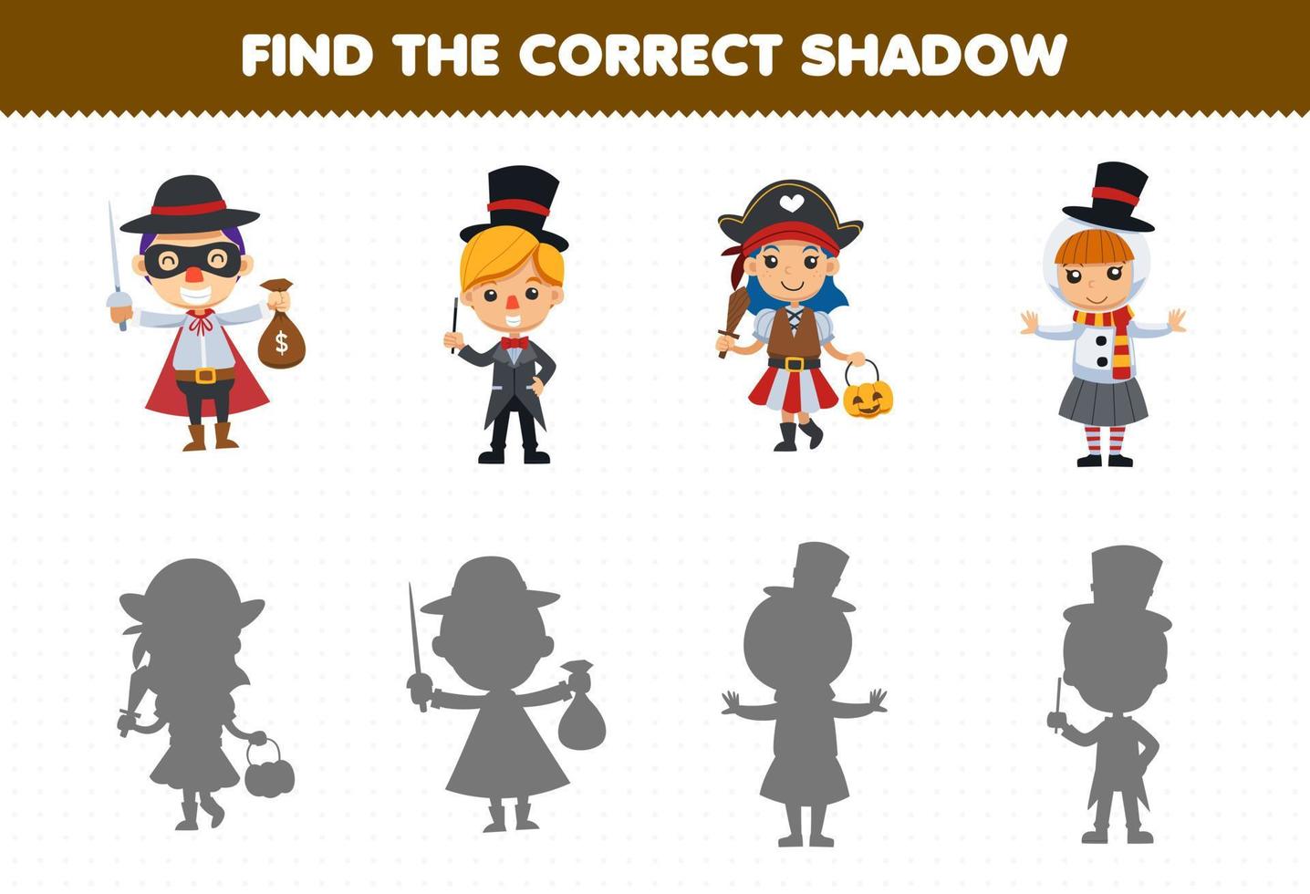 gioco educativo per bambini trova l'ombra corretta set di simpatico cartone animato rapinatore mago pirata ragazza pupazzo di neve costume halloween foglio di lavoro stampabile vettore