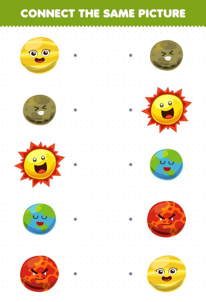 gioco educativo per bambini collegare la stessa immagine del simpatico cartone animato sistema solare sole venere mercurio terra marte pianeta foglio di lavoro stampabile vettore
