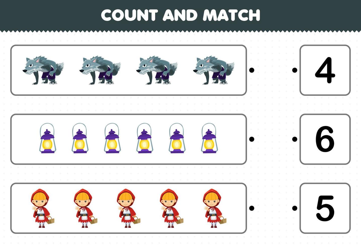 gioco educativo per bambini conta il numero di simpatico cartone animato lupo mannaro lanterna cappuccetto rosso e abbina con i numeri giusti foglio di lavoro stampabile di halloween vettore