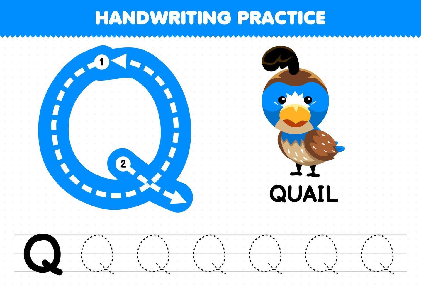 gioco educativo per bambini pratica di scrittura a mano con lettere maiuscole q per foglio di lavoro stampabile quaglia vettore