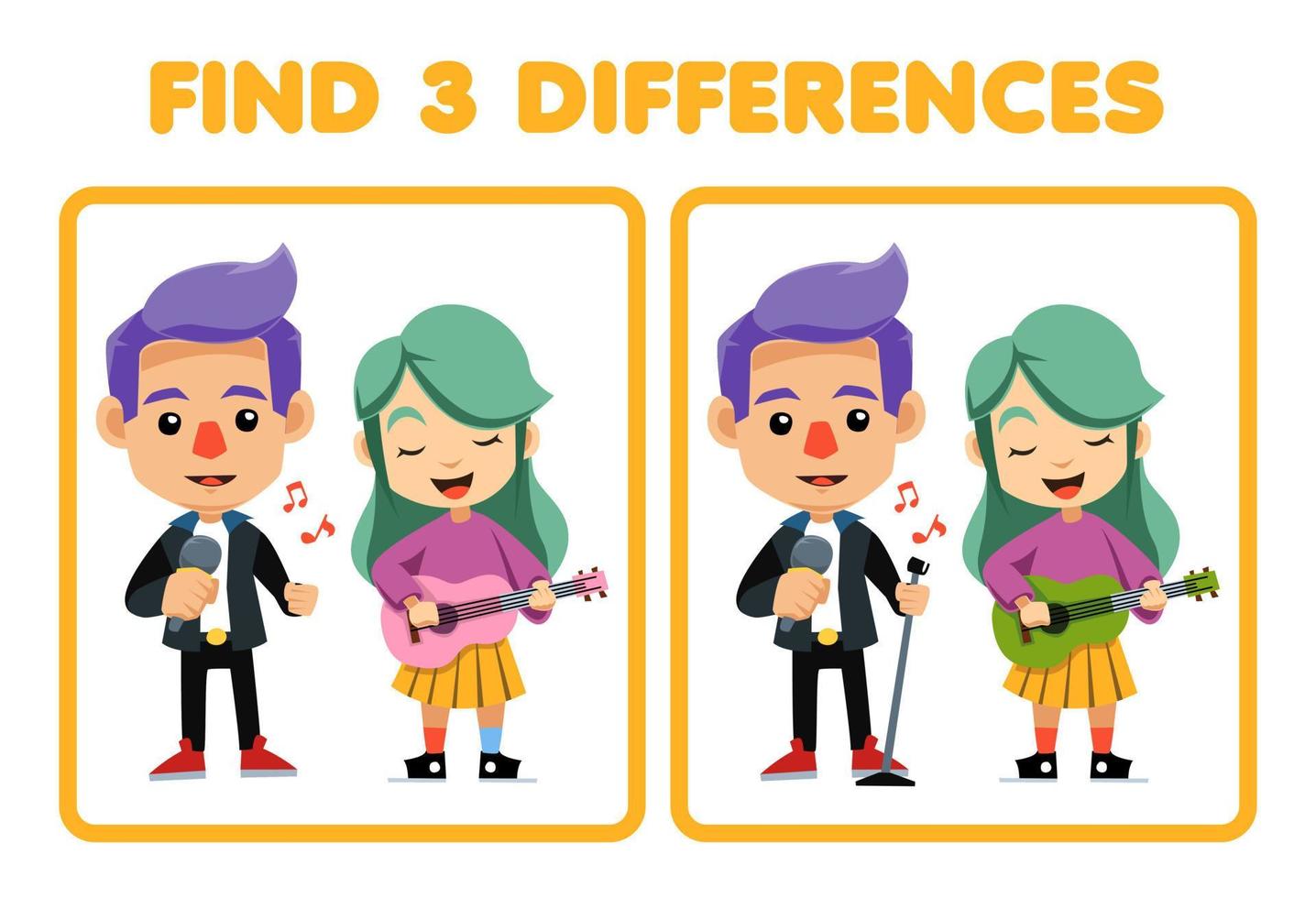 gioco educativo per bambini trova tre differenze tra due simpatici cartoni animati musicista cantante e chitarrista professione foglio di lavoro stampabile vettore
