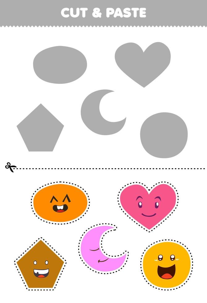 gioco educativo per bambini taglia e incolla simpatici cartoni animati forme geometriche cuore ovale pentagono cerchio crescente nella parte corretta foglio di lavoro stampabile vettore