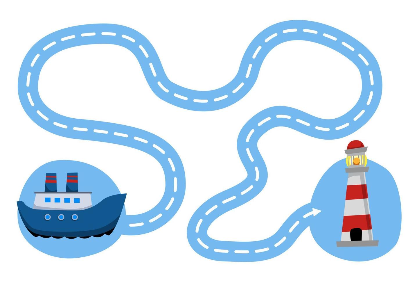 gioco educativo per bambini pratica della scrittura a mano traccia le linee sposta simpatico cartone animato traghetto nave al faro foglio di lavoro stampabile vettore