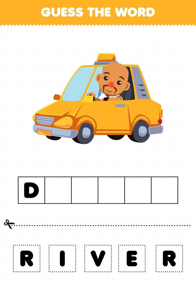 gioco educativo per bambini indovina le lettere di parola pratica di foglio di lavoro stampabile professione driver simpatico cartone animato vettore