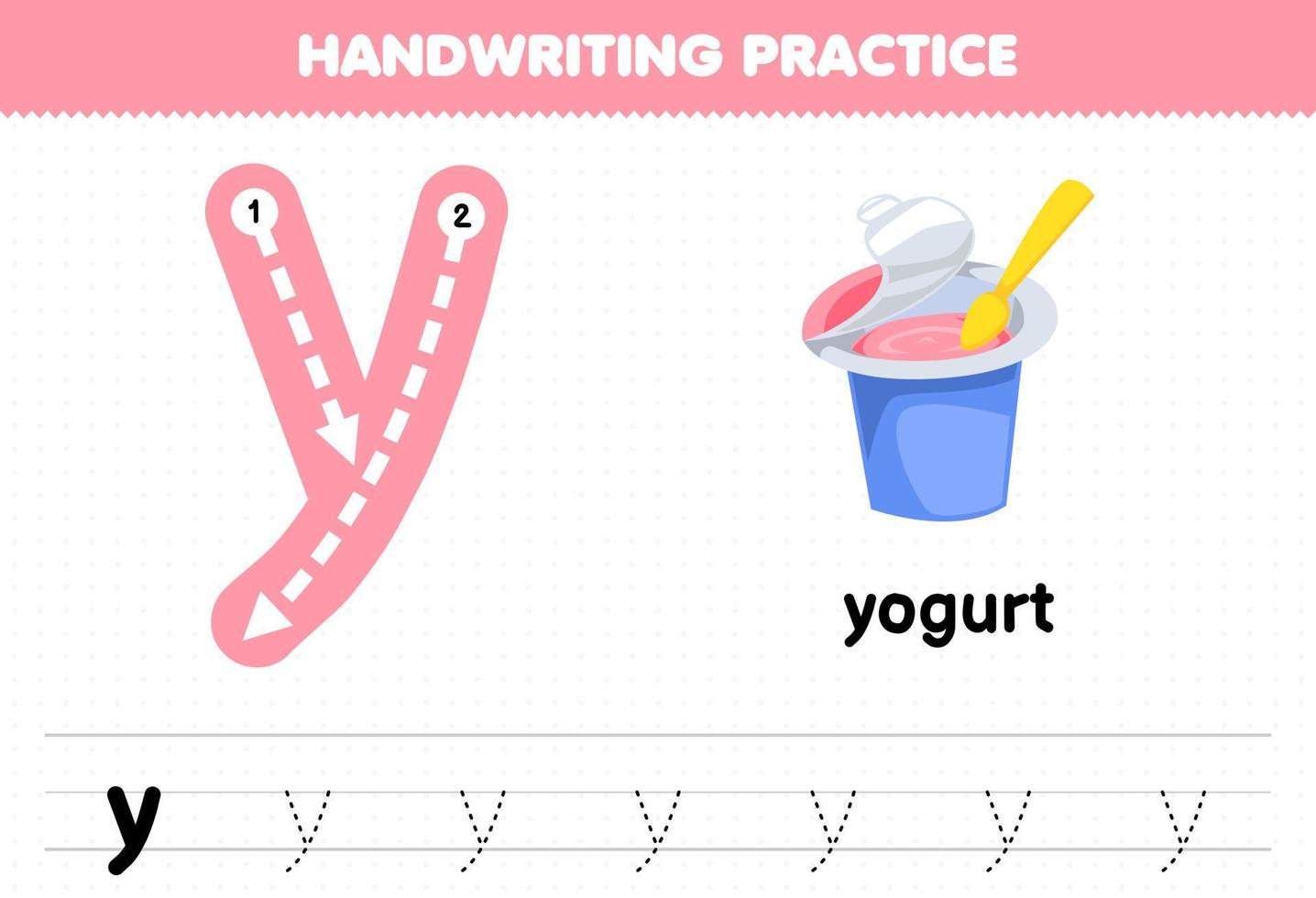 gioco educativo per bambini pratica di scrittura a mano con lettere minuscole y per foglio di lavoro stampabile yogurt vettore