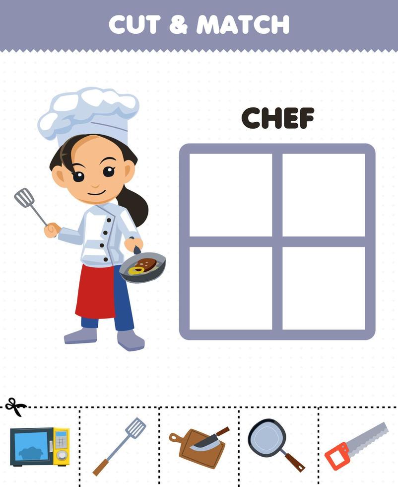 gioco educativo per bambini taglia e abbina le cose corrette per il foglio di lavoro stampabile della professione dello chef simpatico cartone animato vettore