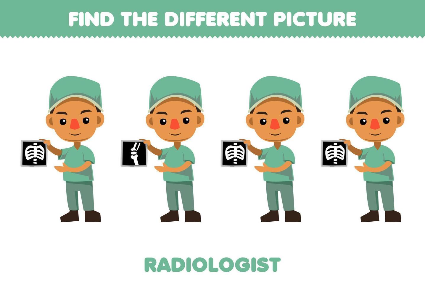 gioco educativo per bambini trova l'immagine diversa del foglio di lavoro stampabile di professione di radiologo simpatico cartone animato vettore