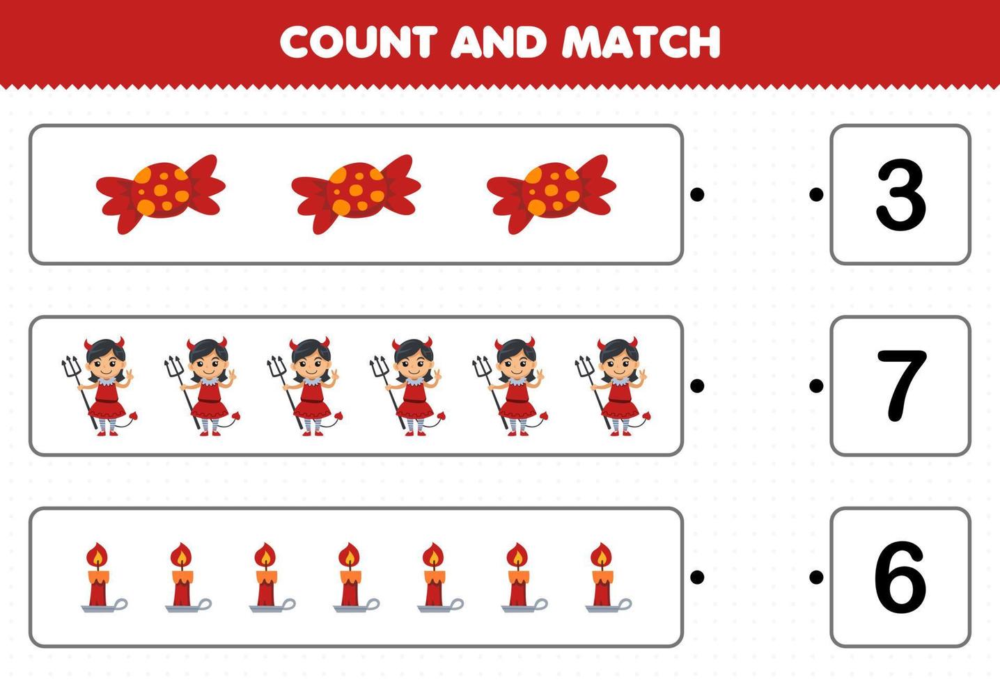 gioco educativo per bambini conta il numero di simpatici cartoni animati caramelle candele costume da ragazza diavolo e abbina con i numeri giusti foglio di lavoro stampabile di halloween vettore