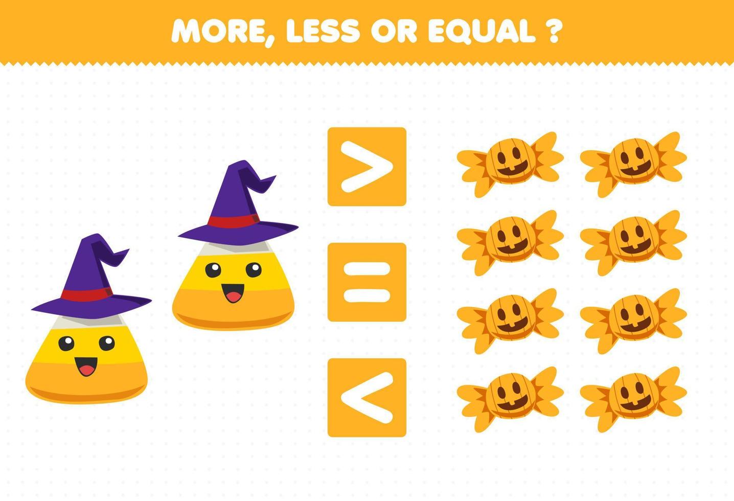 gioco educativo per bambini più o meno uguale conta la quantità di foglio di lavoro stampabile di halloween caramelle di mais simpatico cartone animato vettore