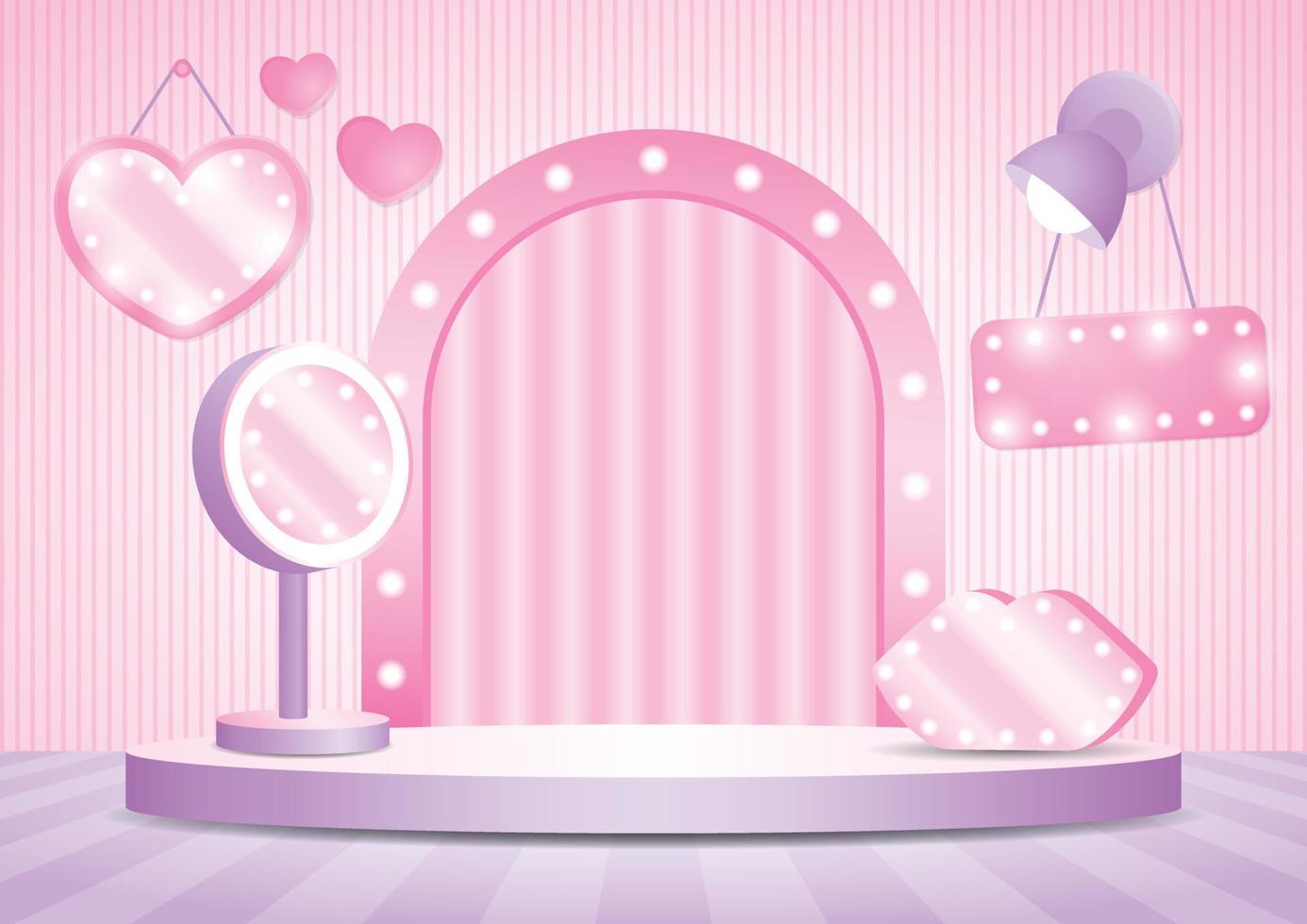 palco di visualizzazione del podio di bellezza con sfondo ad arco di lampadina e illustrazione 3d di roba carina per ragazze per mettere il tuo oggetto vettore