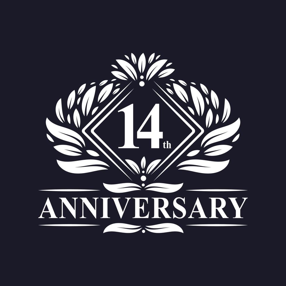 Logo dell'anniversario di 14 anni, logo floreale di lusso del 14° anniversario. vettore
