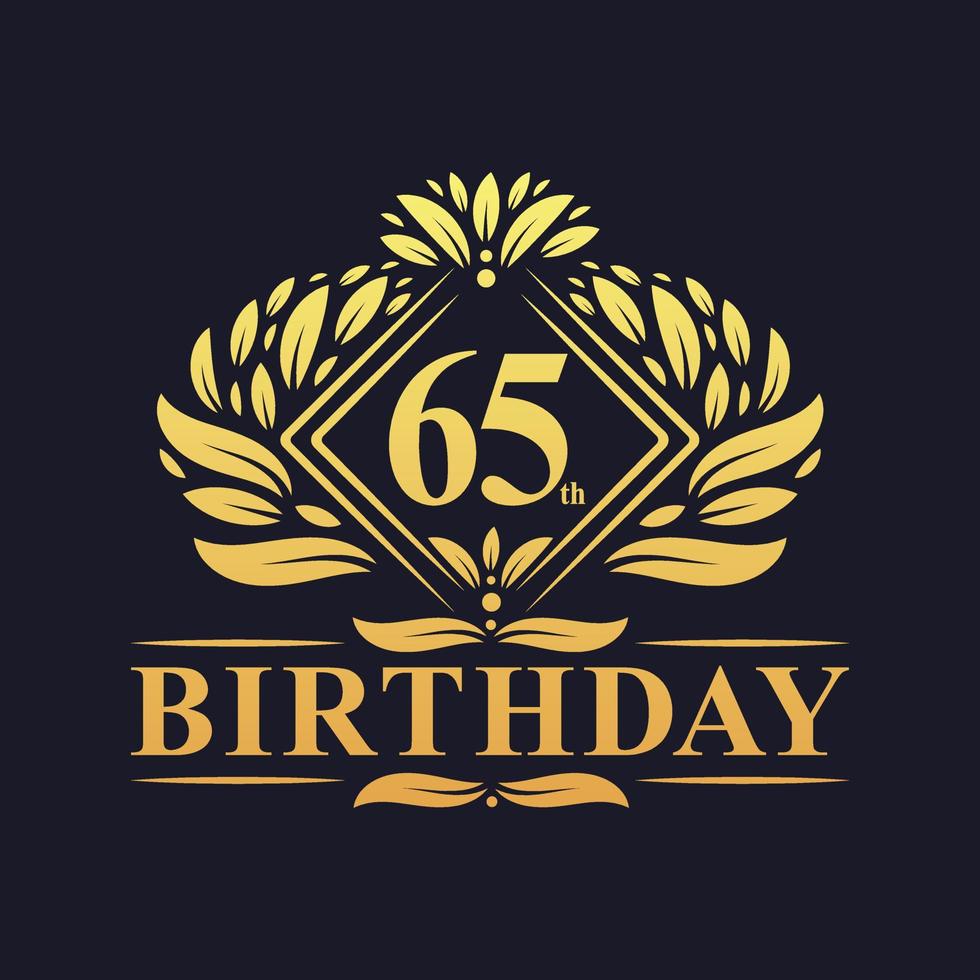 65 anni di logo di compleanno, celebrazione del 65° compleanno d'oro di lusso. vettore