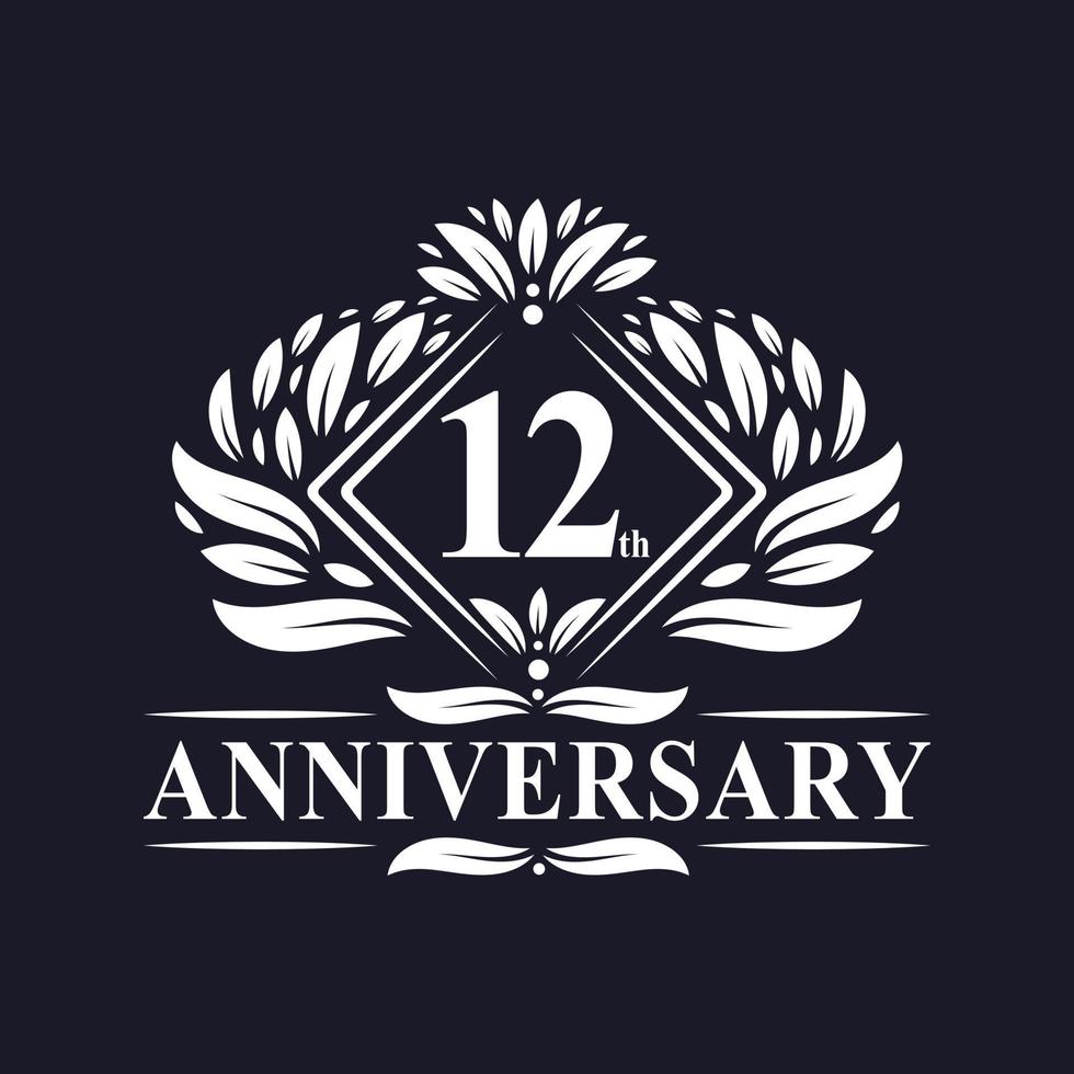Logo dell'anniversario di 12 anni, logo floreale di lusso del 12° anniversario. vettore