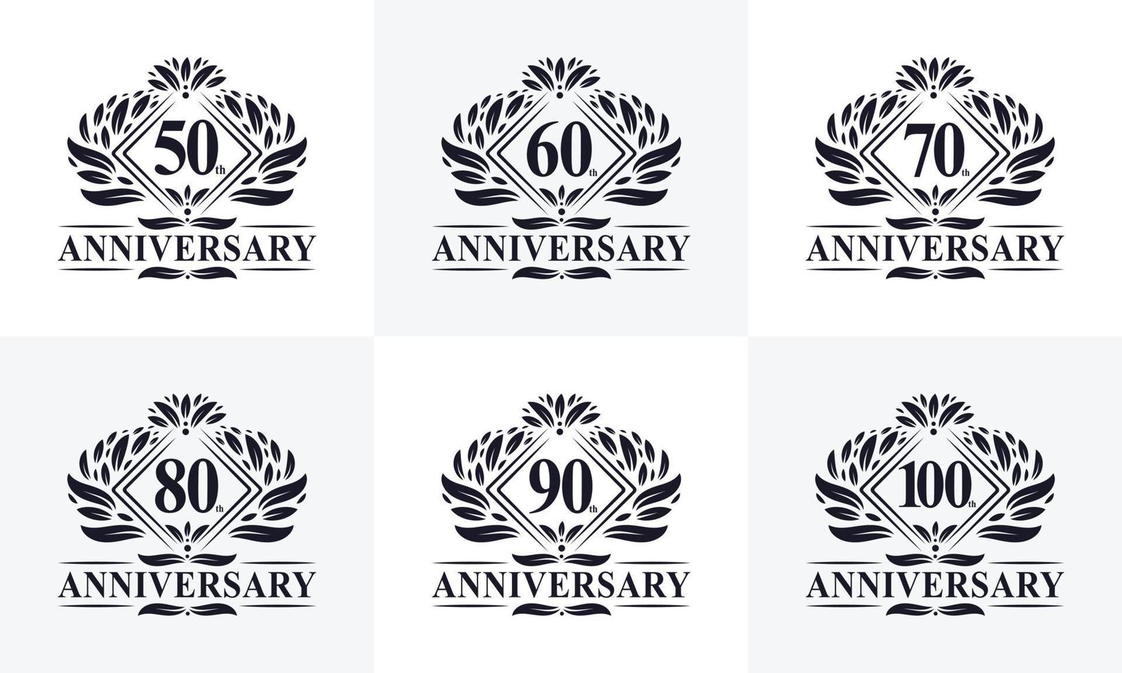 set di logo vintage anniversario retrò. lussuoso pacchetto logo anniversario d'oro. Pacchetto logo felice anniversario 50°, 60°, 70°, 80°, 90°, 100°. vettore