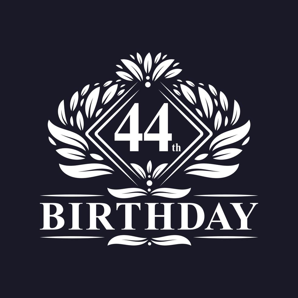 Logo di compleanno di 44 anni, celebrazione del 44esimo compleanno di lusso. vettore