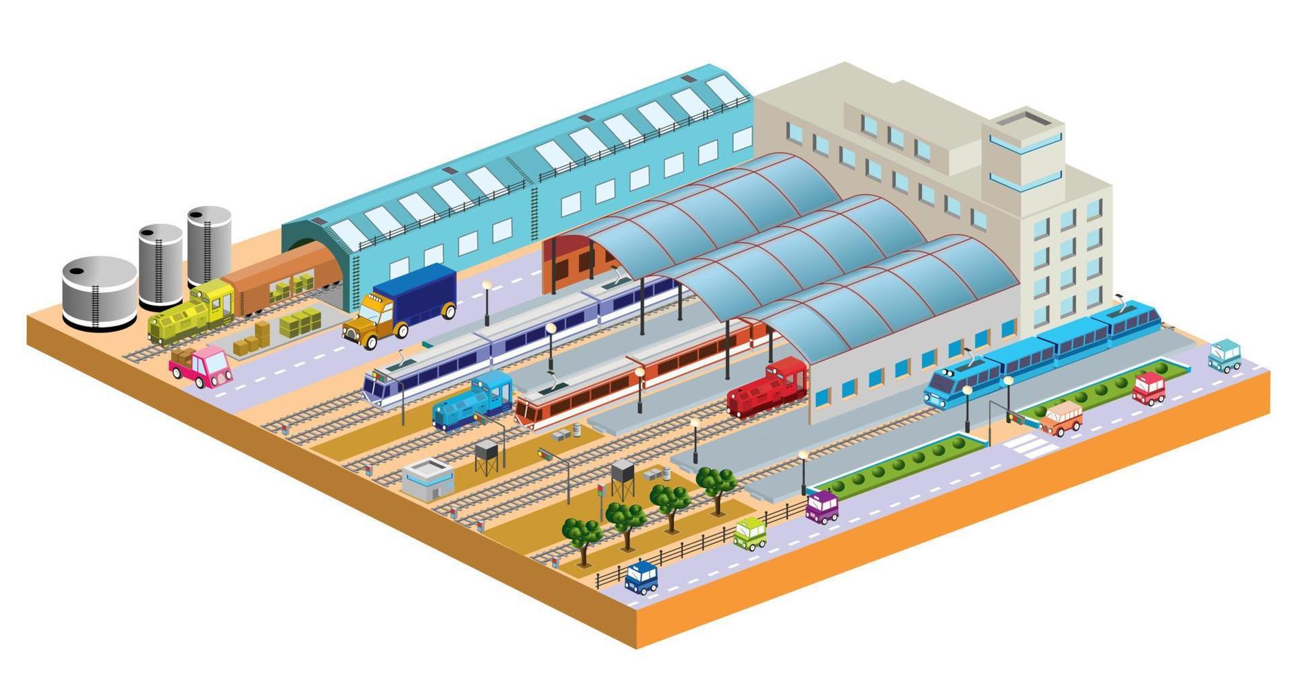 Stazione 3d con tutti gli edifici e i trasporti vettore