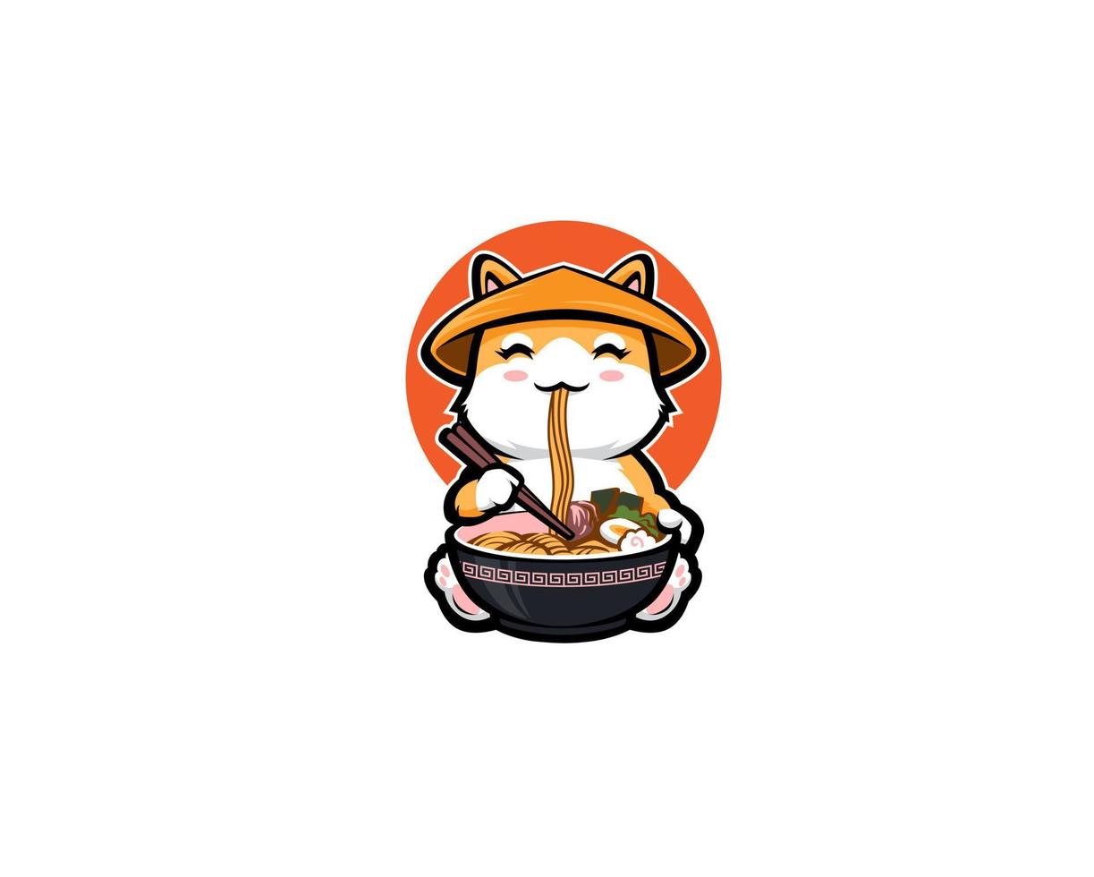 shiba inu con stile cartone animato che mangia ramen vettore