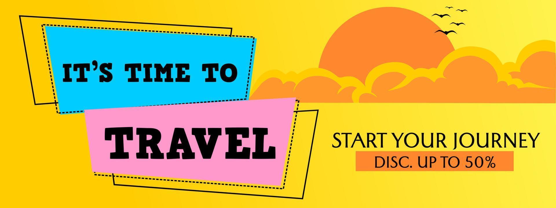 design del banner di promozione dell'agenzia di viaggi. sfondo giallo con illustrazione di nuvole vettore