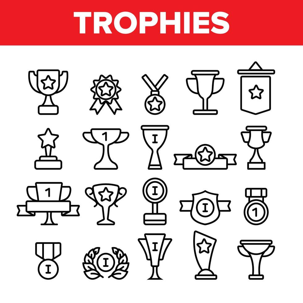 trofei e medaglie per il primo posto icone lineari vettoriali impostate