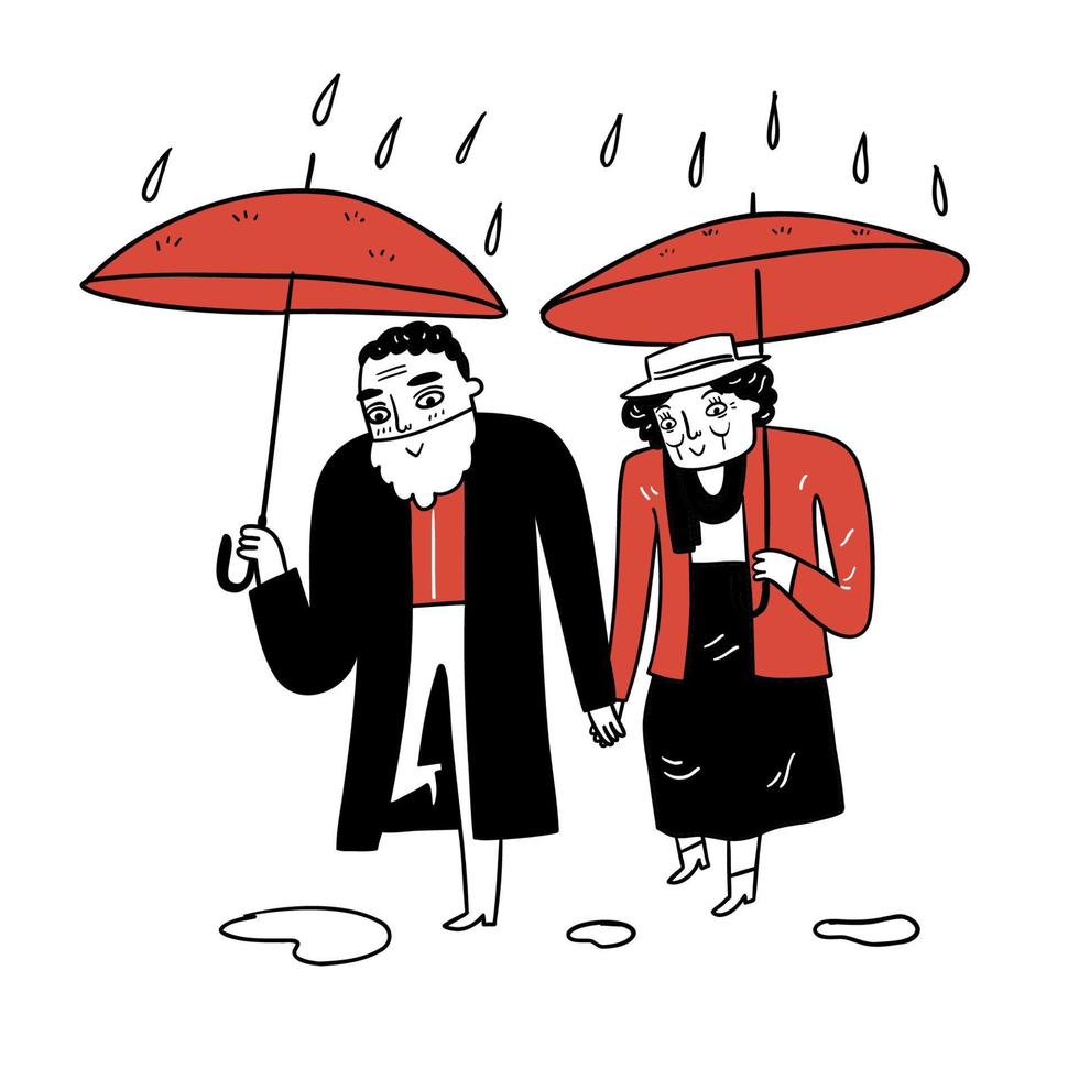 coppia di anziani che camminano mano nella mano e diffondono gli ombrelli vettore
