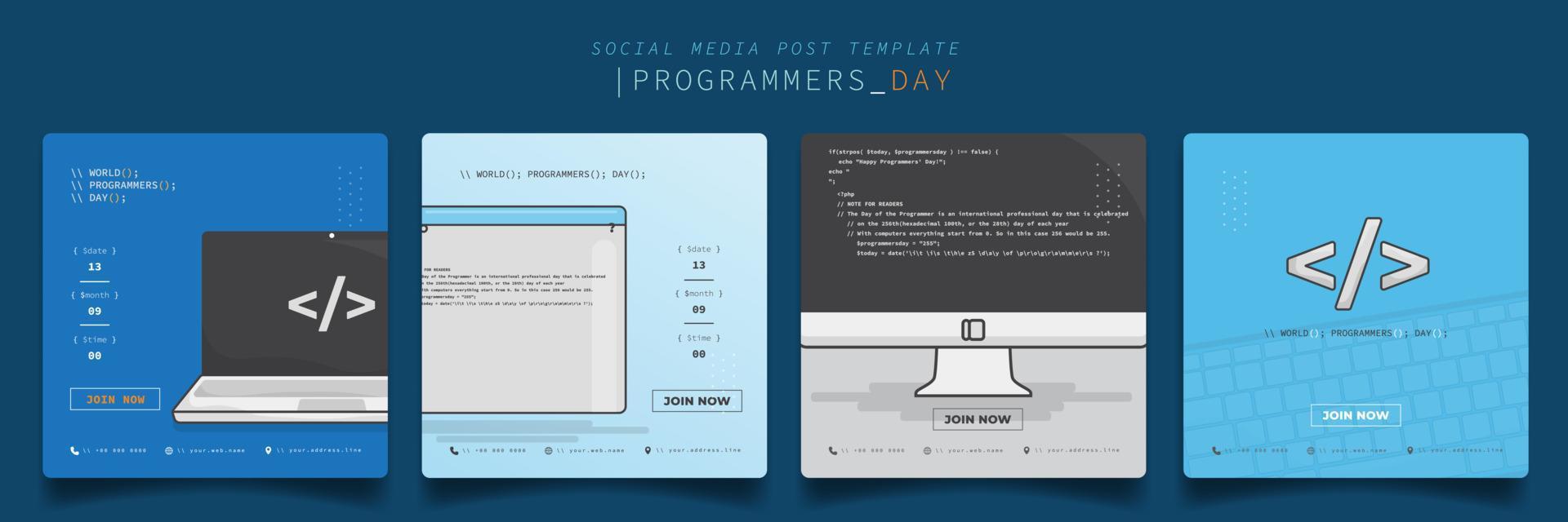 set di modelli di post sui social media con computer in cartone animato per il design del giorno dei programmatori vettore