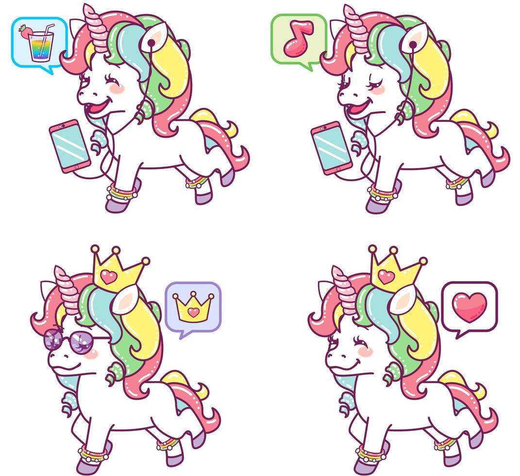 unicorni colorati con espressioni diverse vettore