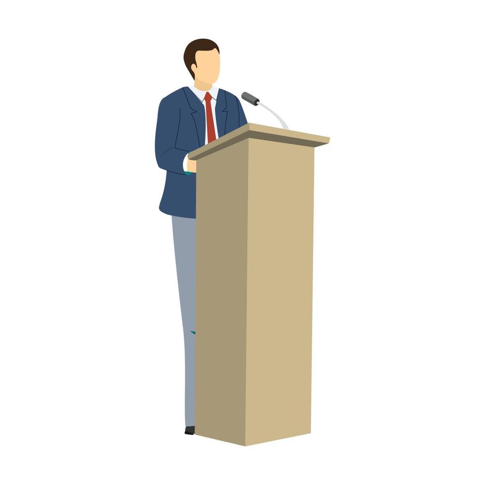 uomo d'affari che fa una presentazione in una conferenza o in un ambiente di riunione. oratore che parla dall'illustrazione vettoriale della tribuna.