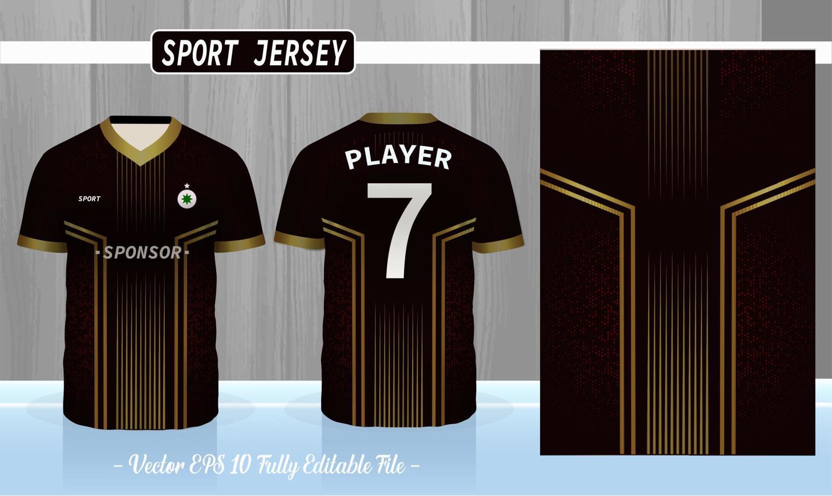 kit da calcio sportivo modello nero e oro, maglia, modello di design t-shirt vettore