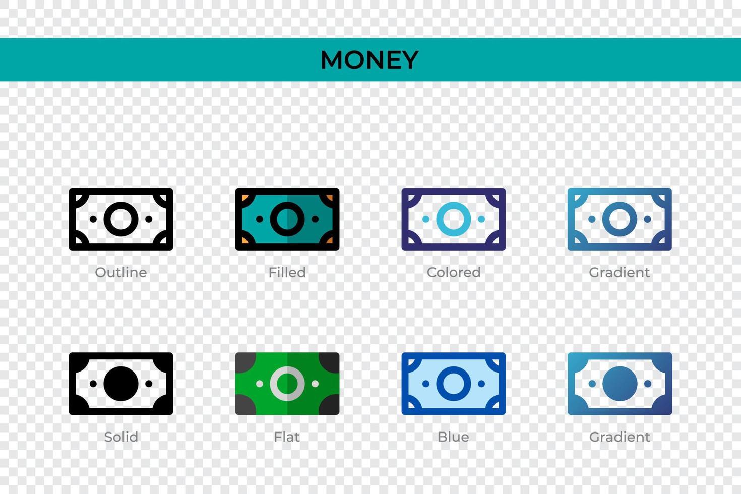 icona dei soldi in stile diverso. icone vettoriali di denaro progettate in stile contorno, solido, colorato, riempito, sfumato e piatto. simbolo, illustrazione del logo. illustrazione vettoriale