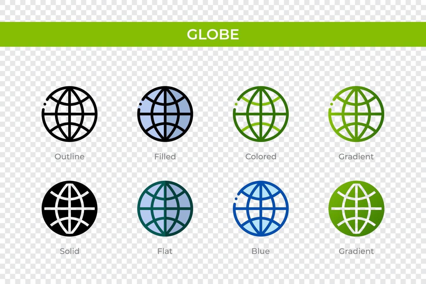 icona del globo in stile diverso. icone vettoriali globo progettate in stile contorno, solido, colorato, pieno, sfumato e piatto. simbolo, illustrazione del logo. illustrazione vettoriale