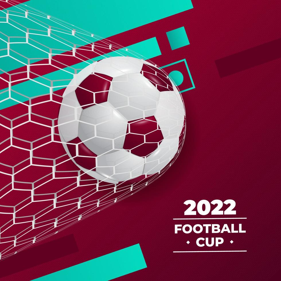 obiettivo 3d palla in rete per la competizione di coppa di calcio di calcio 2022 con colore di sfondo rosso vettore