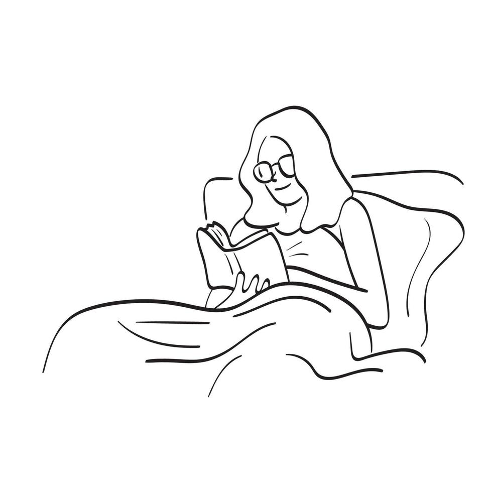 line art donna con occhiali lettura libro sulla camera da letto di notte illustrazione vettore disegnato a mano isolato su sfondo bianco