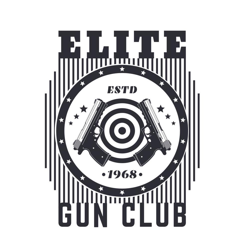 emblema vintage del club della pistola, stampa con pistole e bersaglio su bianco vettore