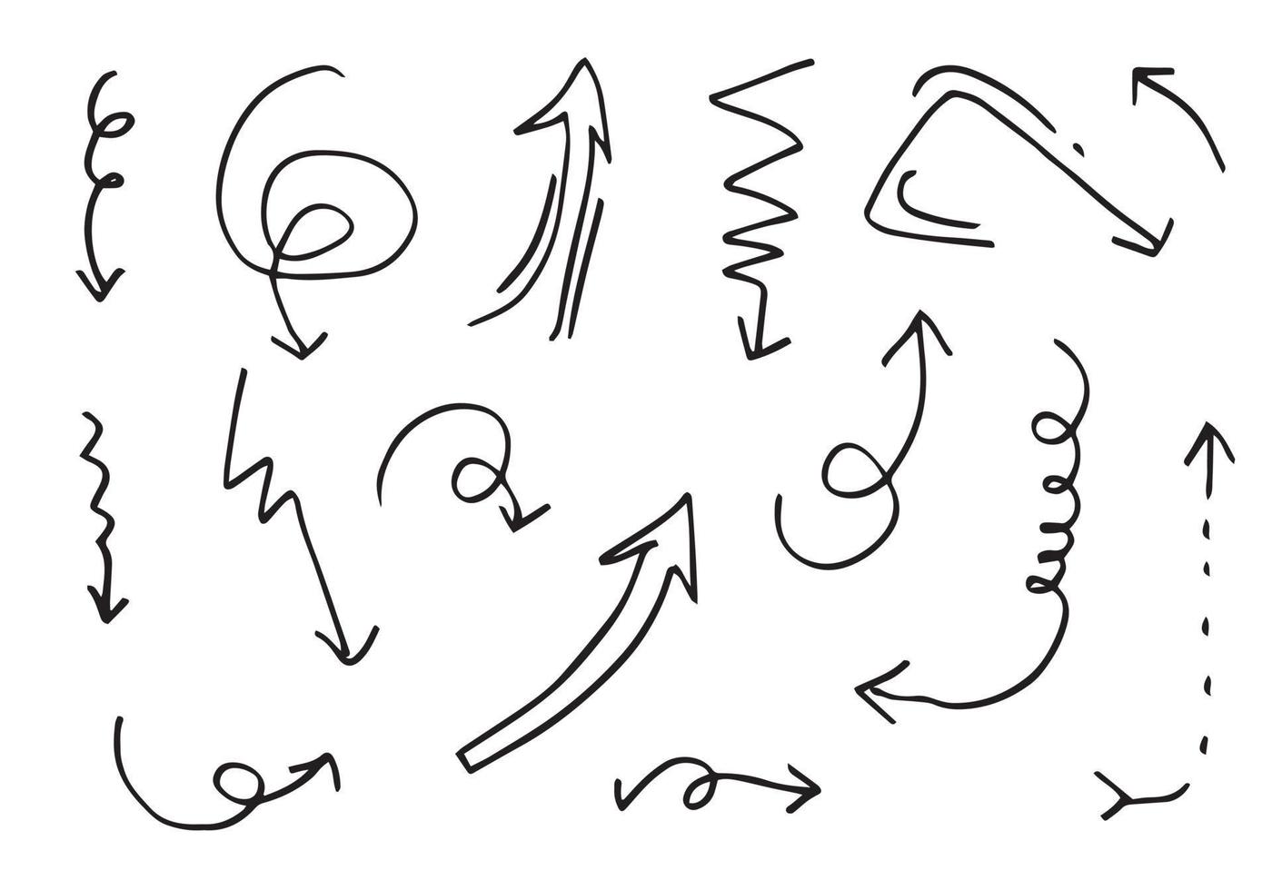 scarabocchiare elementi di design. frecce disegnate a mano isolate su sfondo bianco. illustrazione vettoriale. vettore