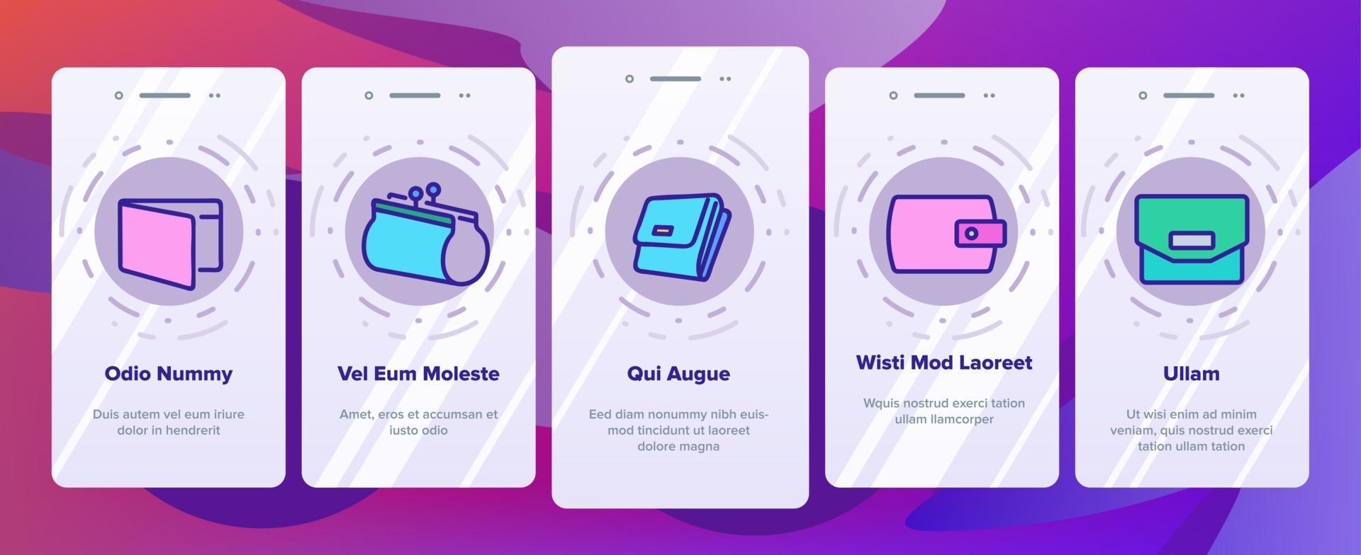 portafoglio accessorio contanti onboarding icone set vettore