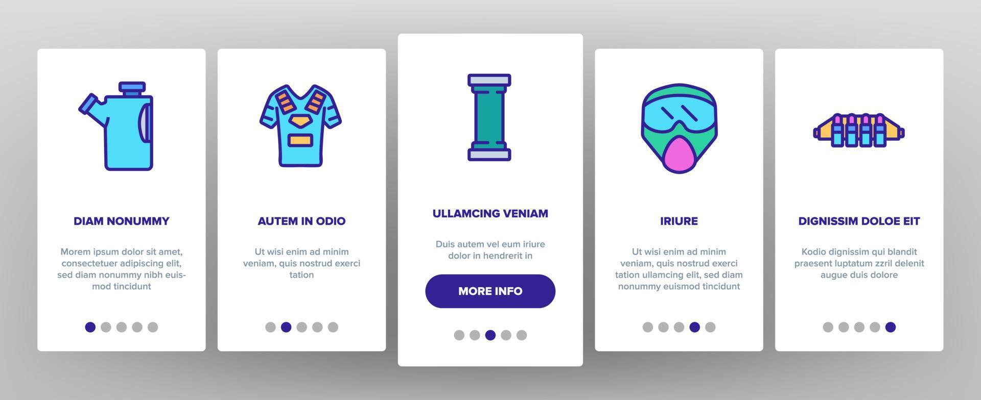 Icone di onboarding dello strumento di gioco di paintball impostano il vettore