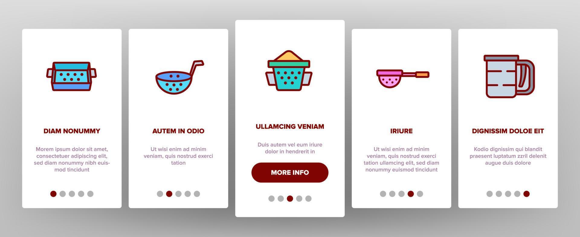 setaccio utensili da cucina onboarding icone set vettoriale