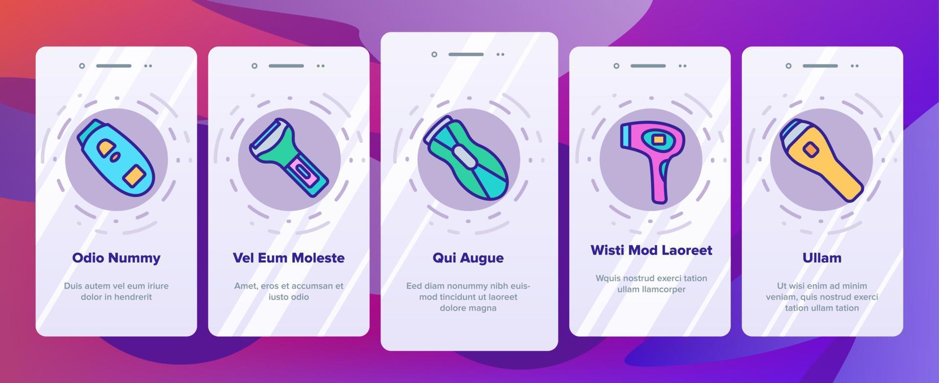 icone di onboarding apparecchiature per la depilazione impostare il vettore