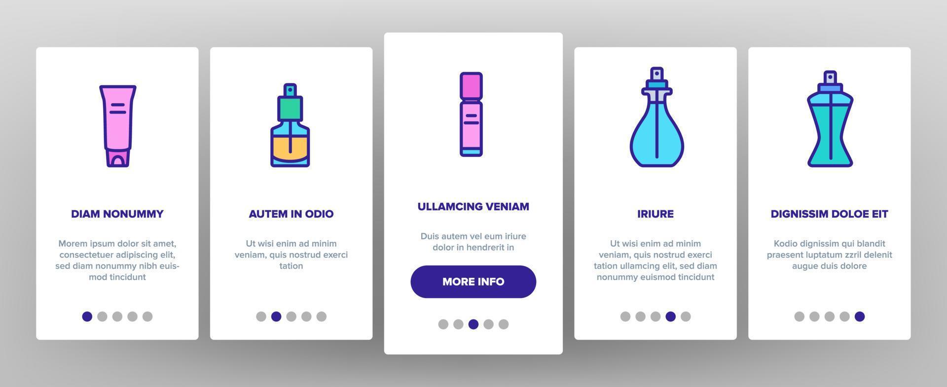 le icone di onboarding delle bottiglie di profumo impostano il vettore