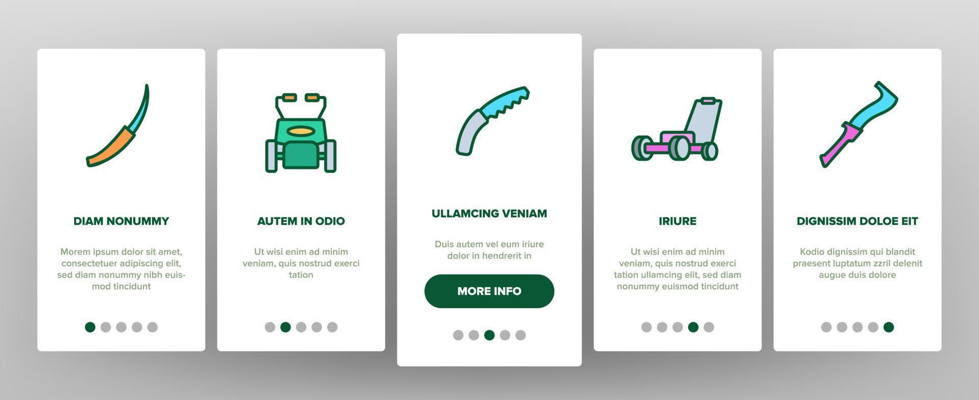 set di icone per l'onboarding dell'attrezzatura per il movimento del prato vettore