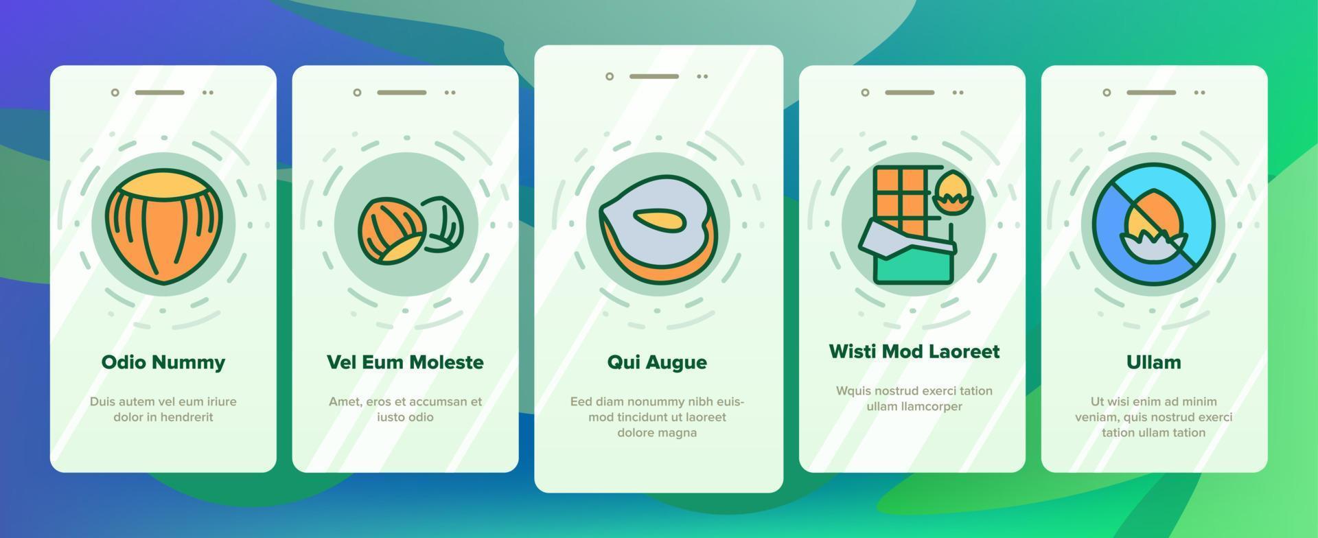 set di icone di onboarding per alimenti biologici alla nocciola vettore