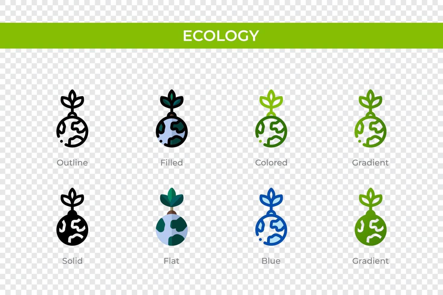 icona di ecologia in stile diverso. icone vettoriali di ecologia progettate in stile contorno, solido, colorato, pieno, sfumato e piatto. simbolo, illustrazione del logo. illustrazione vettoriale